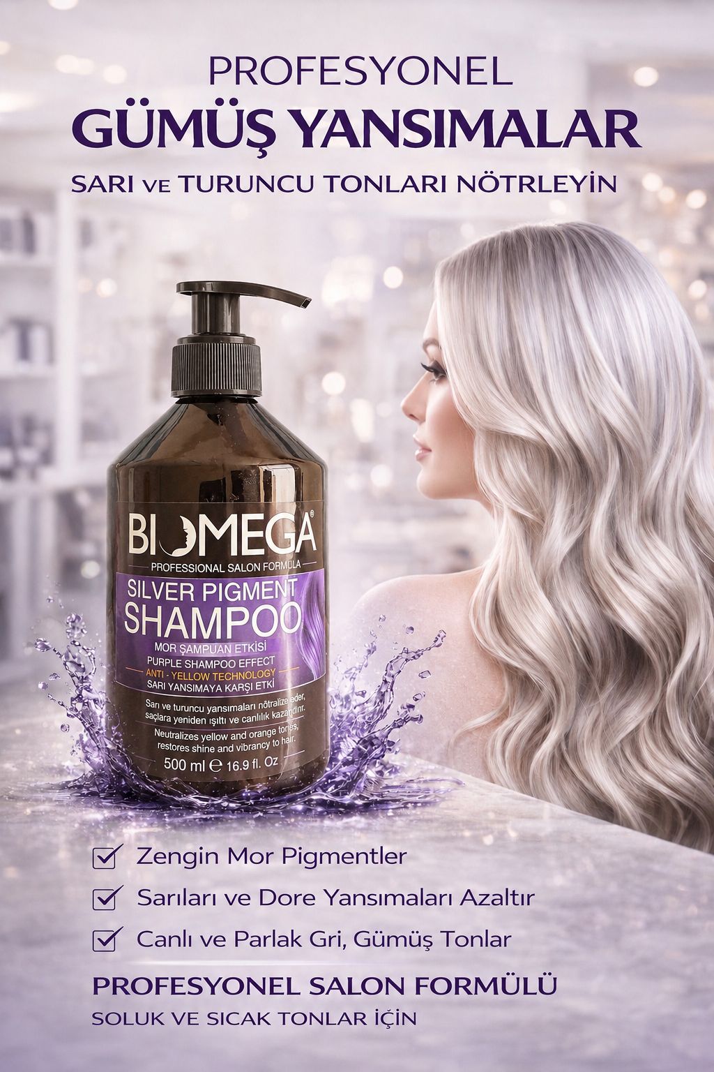Biomega Silver Şampuan – Mor & Mavi Pigment Teknolojisi ile Kusursuz Soğuk Sarılar