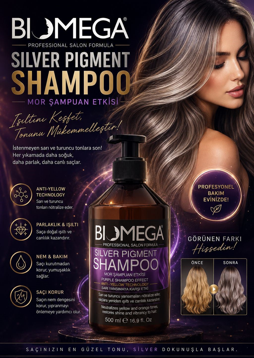 Biomega Silver Şampuan – Mor & Mavi Pigment Teknolojisi ile Kusursuz Soğuk Sarılar